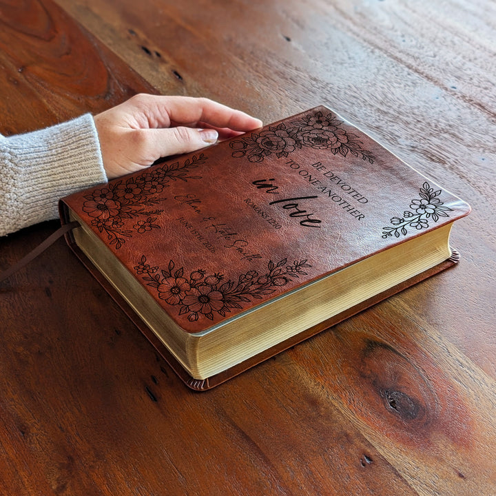 Personalized NLT Journaling Bible – Dark Brown | Floral Devoted in Love