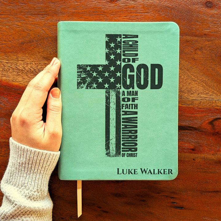 Personalized NLT Journaling Bible – Sage Green | Patriotic Cross (Man)