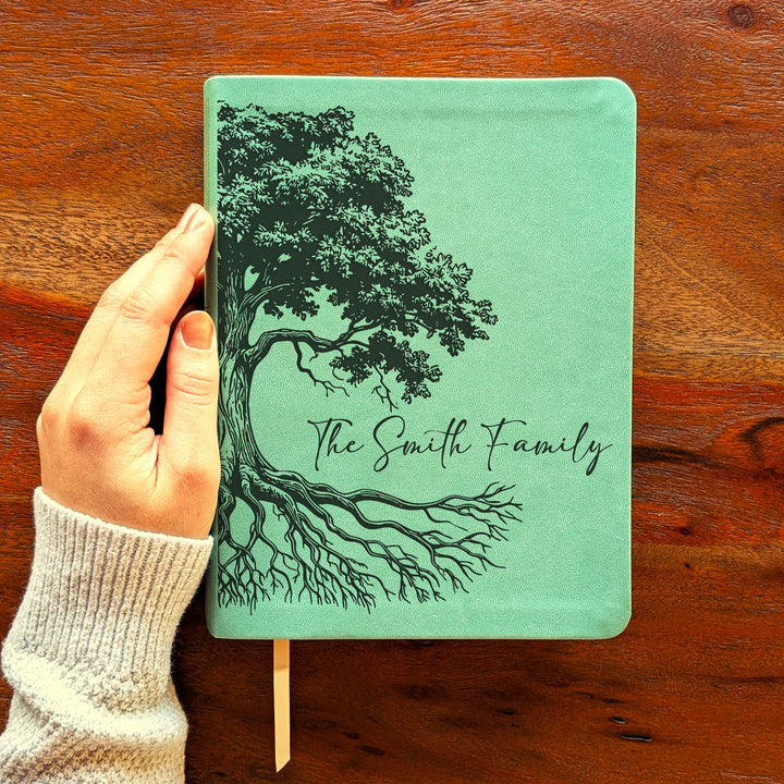Personalized NLT Journaling Bible – Sage Green | Oak Family Tree Side