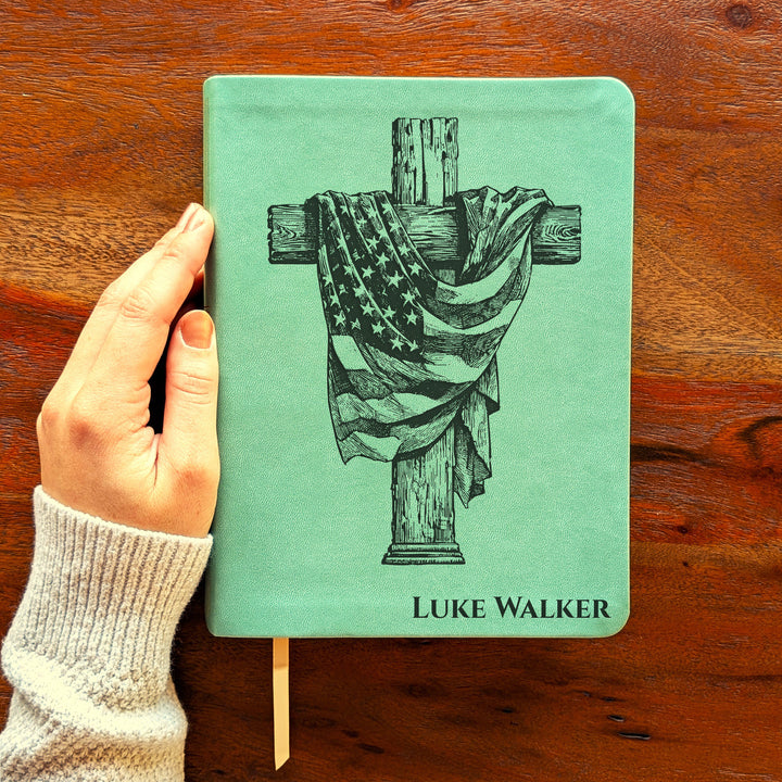 Personalized NLT Journaling Bible – Sage Green | American Flag Wood Cross