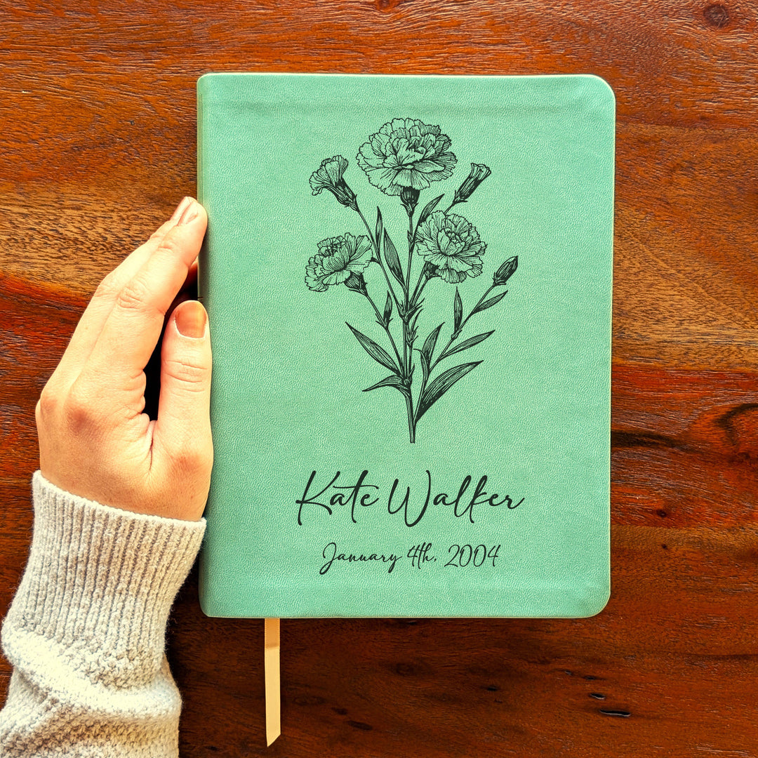 Personalized NLT Journaling Bible – Sage Green | January Birth Flower