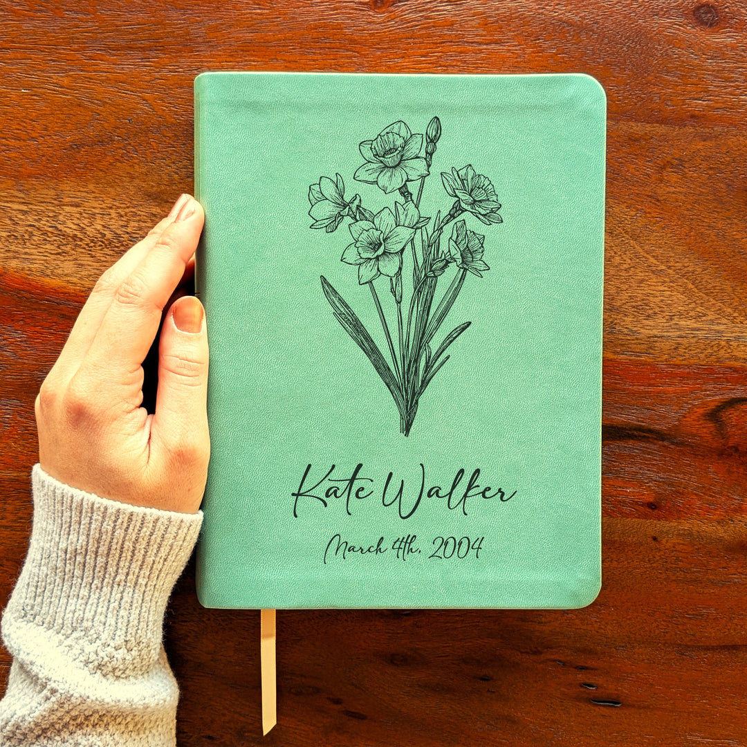 Personalized NLT Journaling Bible – Sage Green | March Birth Flower