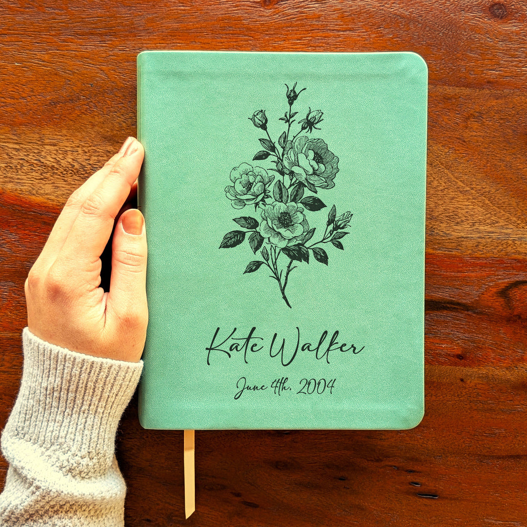 Personalized NLT Journaling Bible – Sage Green | June Birth Flower