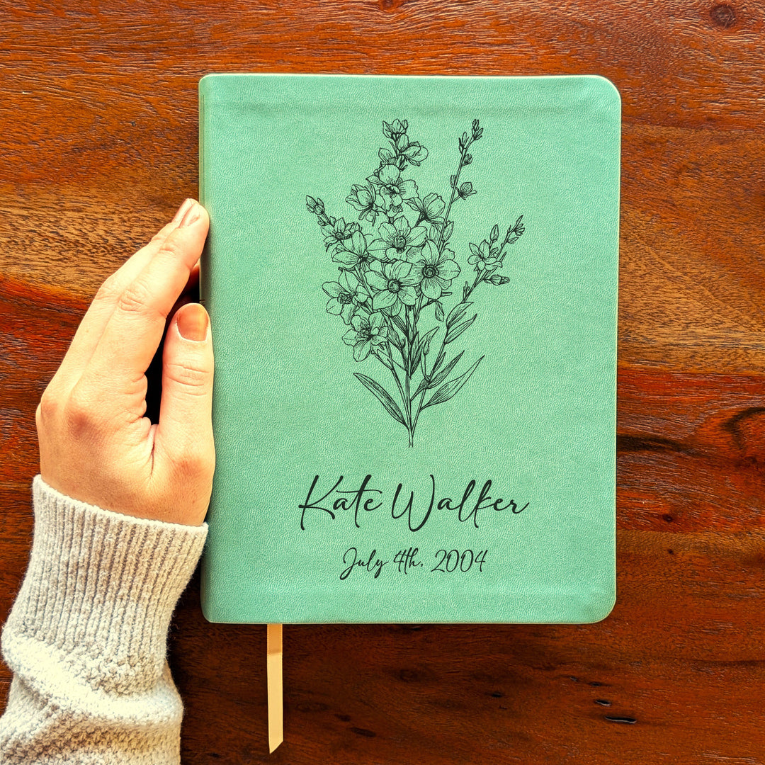 Personalized NLT Journaling Bible – Sage Green | July Birth Flower