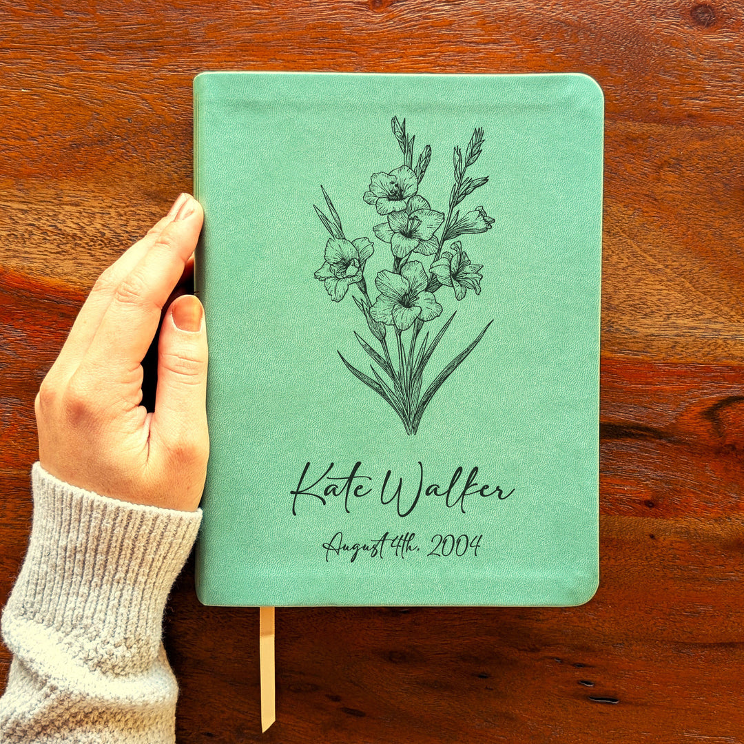 Personalized NLT Journaling Bible – Sage Green | August Birth Flower