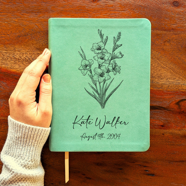 Personalized NLT Journaling Bible – Sage Green | August Birth Flower