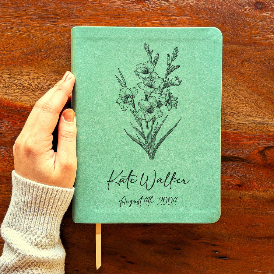Personalized NLT Journaling Bible – Sage Green | August Birth Flower.