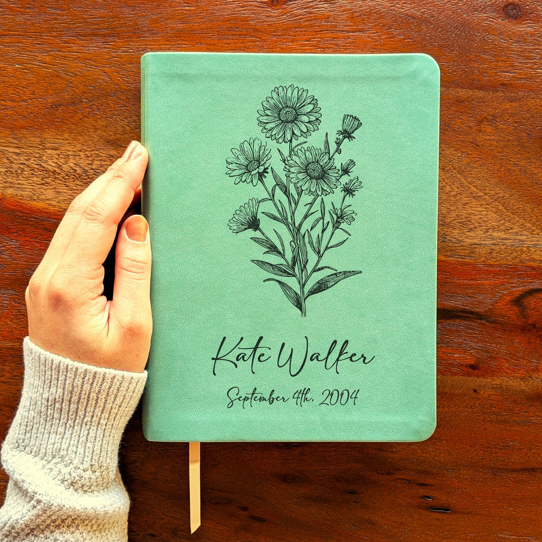 Personalized NLT Journaling Bible – Sage Green | September Birth Flower