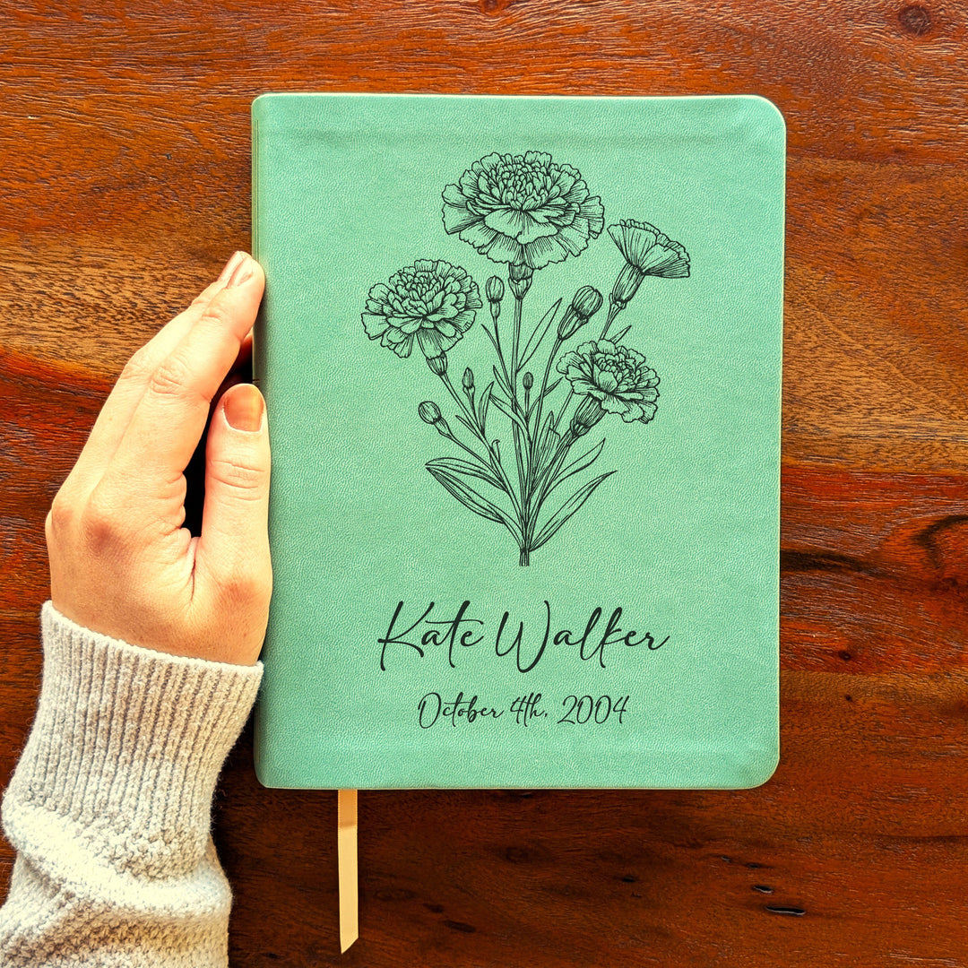 Personalized NLT Journaling Bible – Sage Green | October Birth Flower