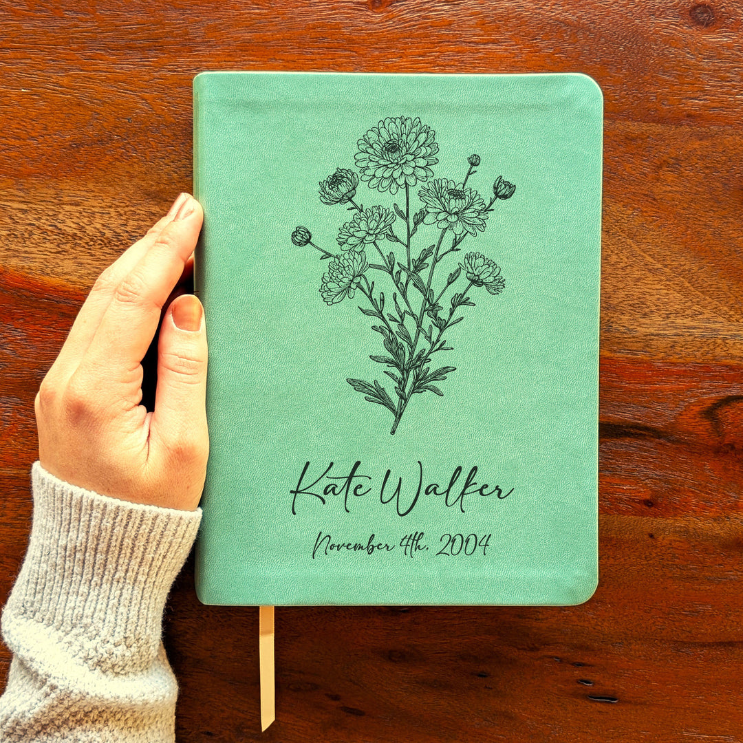 Personalized NLT Journaling Bible – Sage Green | November Birth Flower