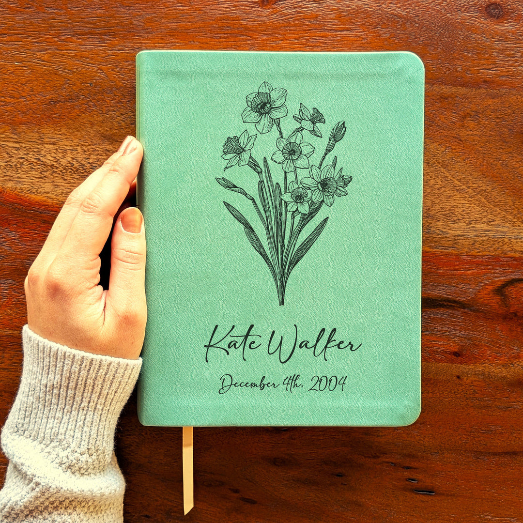 Personalized NLT Journaling Bible – Sage Green | December Birth Flower