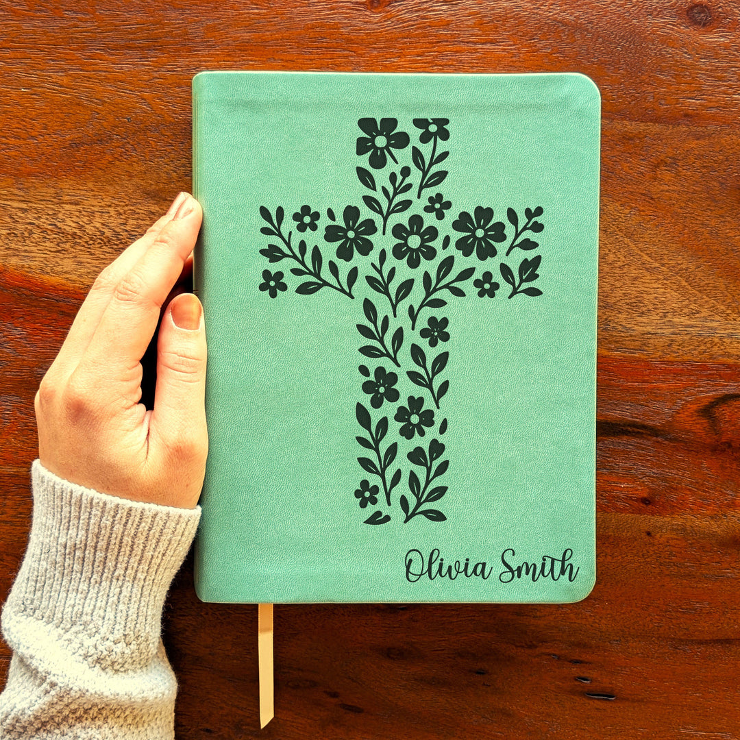 Personalized NLT Journaling Bible – Sage Green | Simple Flower Cross