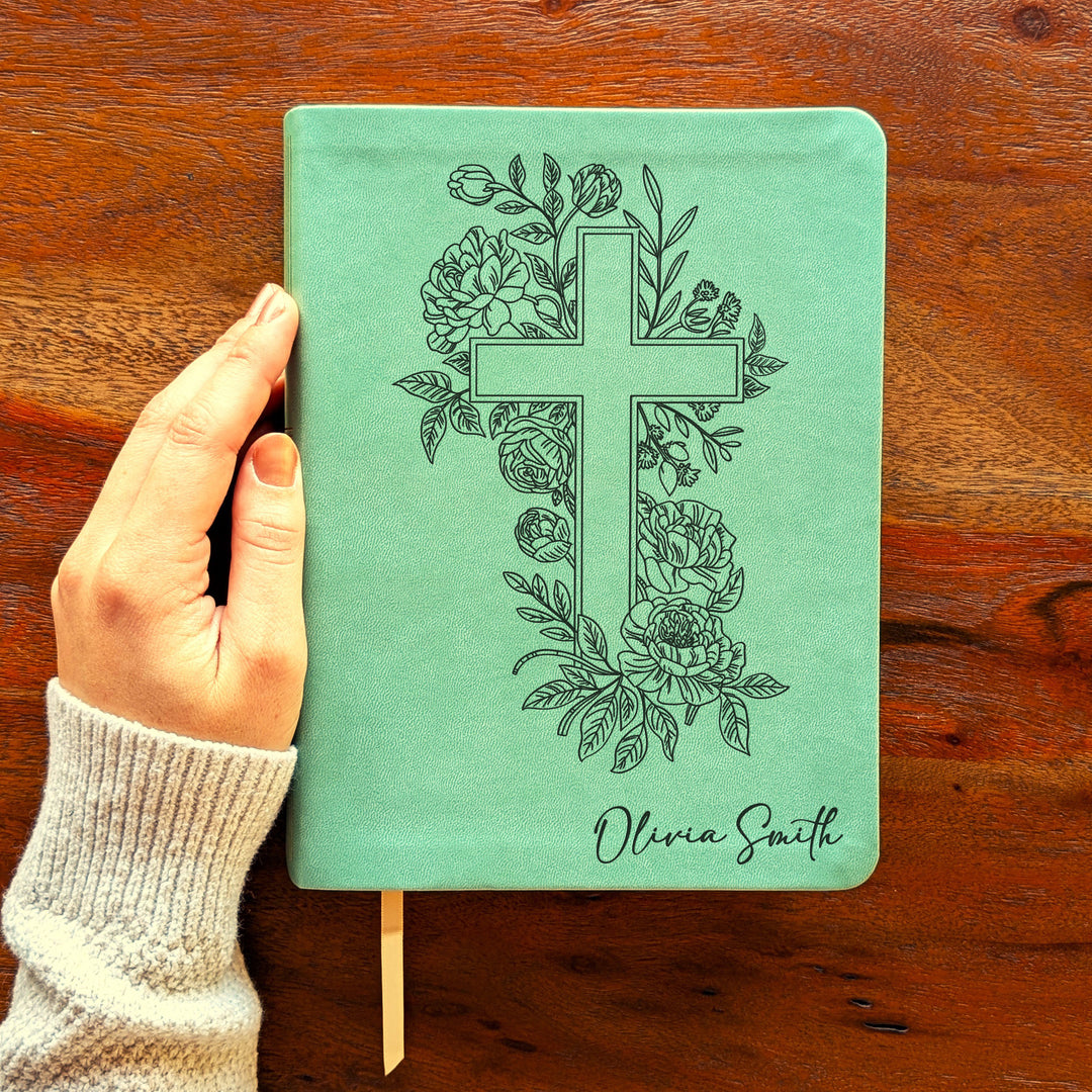 Personalized NLT Journaling Bible – Sage Green | Floral Cross