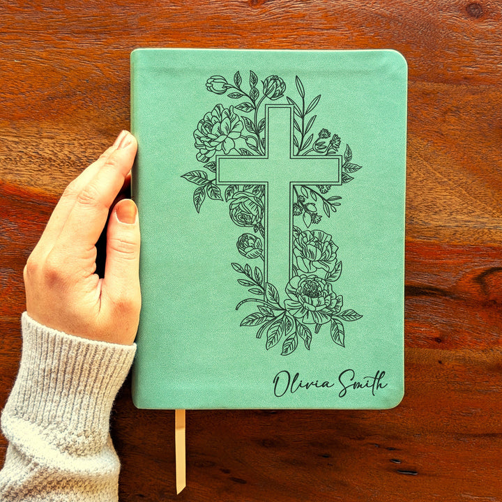 Personalized NLT Journaling Bible – Sage Green | Floral Cross