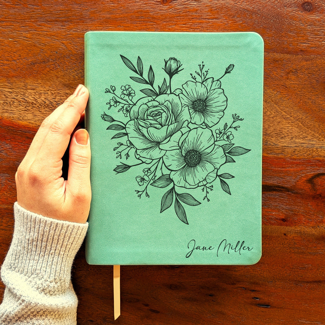 Personalized NLT Journaling Bible – Sage Green | Rose Poppy Flower Bunch