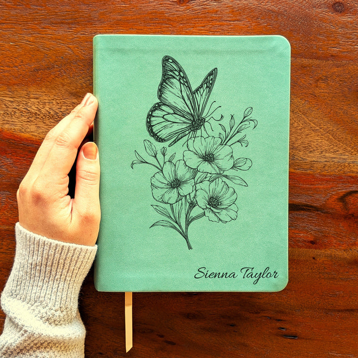 Personalized NLT Journaling Bible – Sage Green | Butterfly Flowers