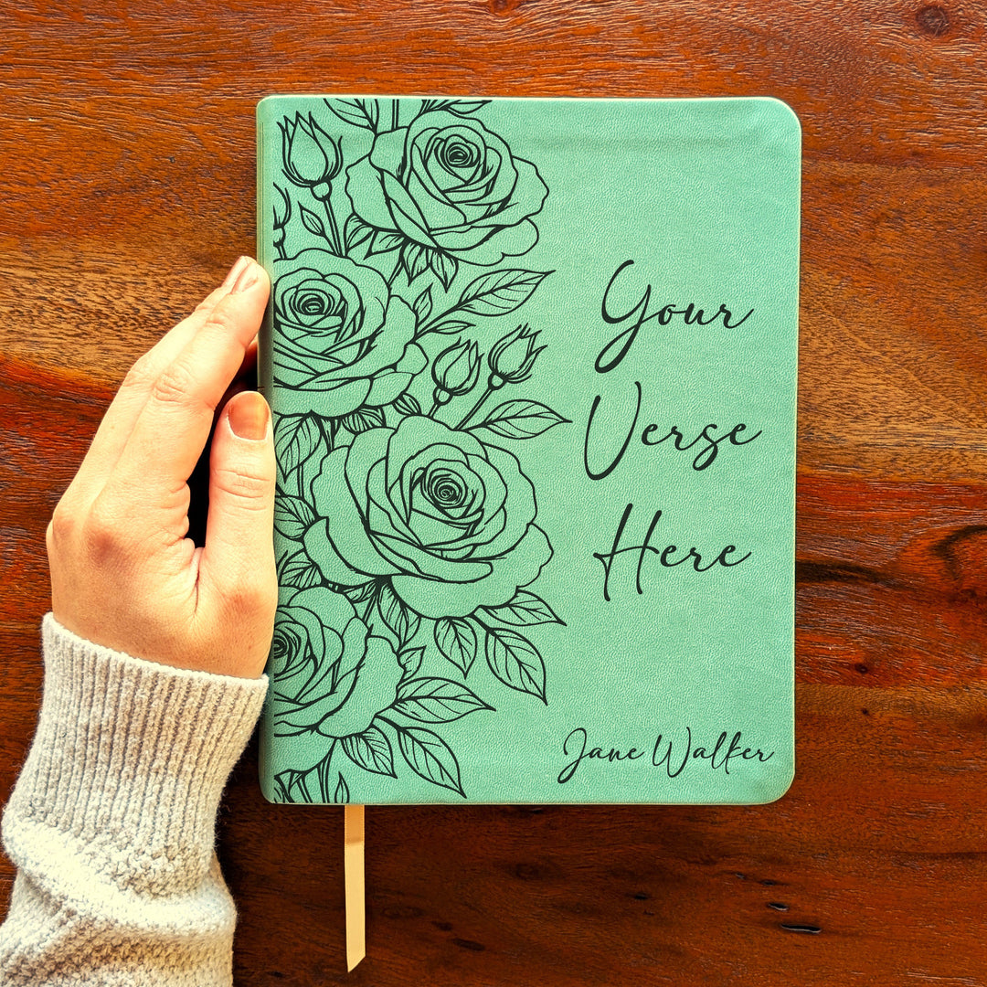 Personalized NLT Journaling Bible – Sage Green | Rose Custom Verse