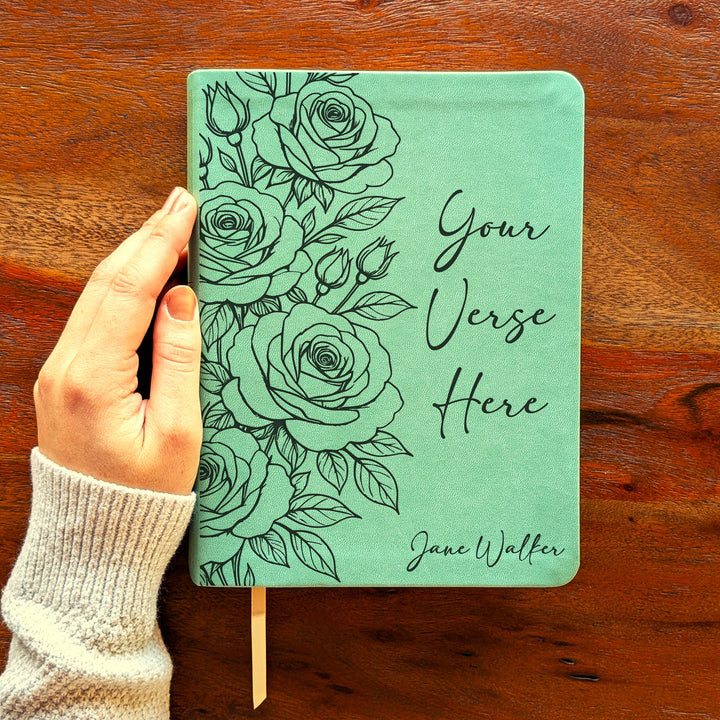 Personalized NLT Journaling Bible – Sage Green | Rose Custom Verse