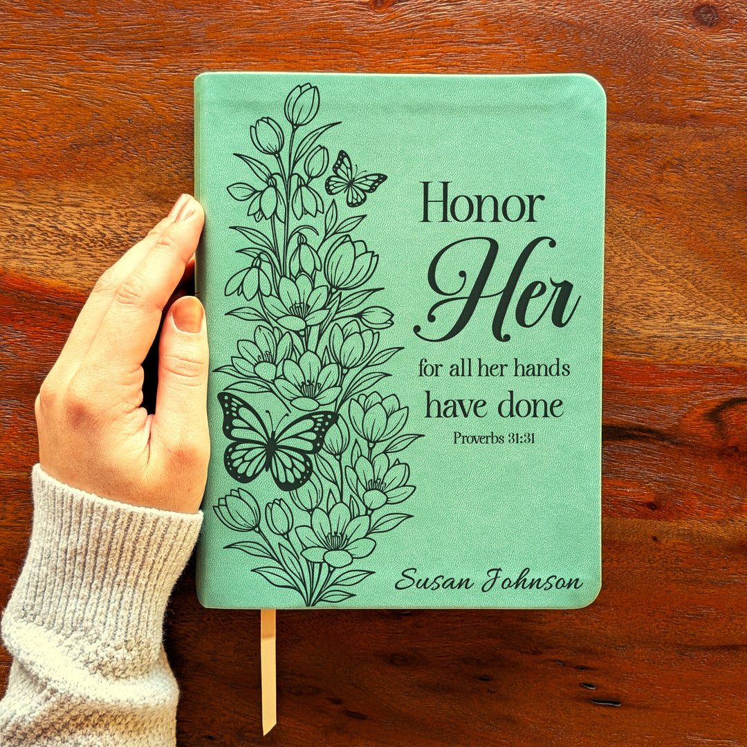 Personalized NLT Journaling Bible – Sage Green | Tulips Butterfly Honor Her