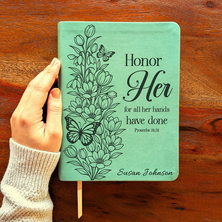 Personalized NLT Journaling Bible – Sage Green | Tulips Butterfly Honor Her