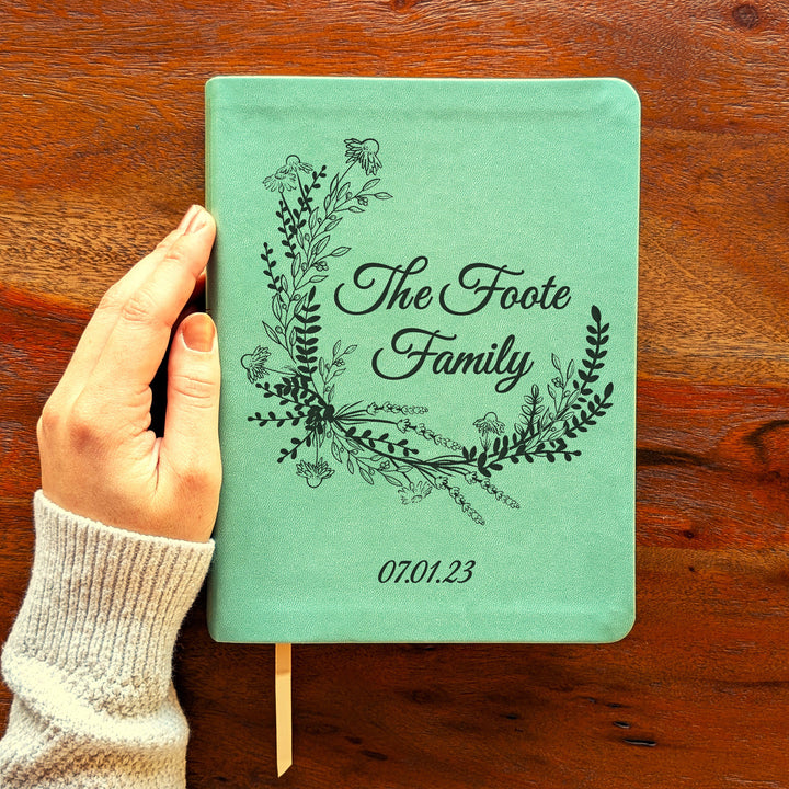 Personalized NLT Journaling Bible – Sage Green | Wreath Family Name