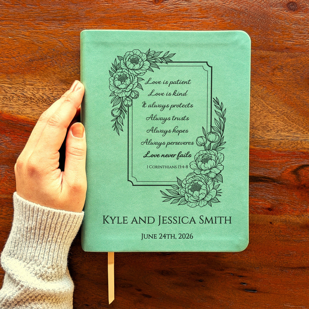 Personalized NLT Journaling Bible – Sage Green | Floral Love is Patient