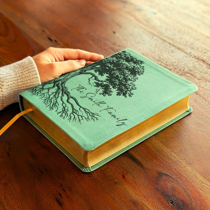Personalized NLT Journaling Bible – Sage Green | Oak Family Tree Side
