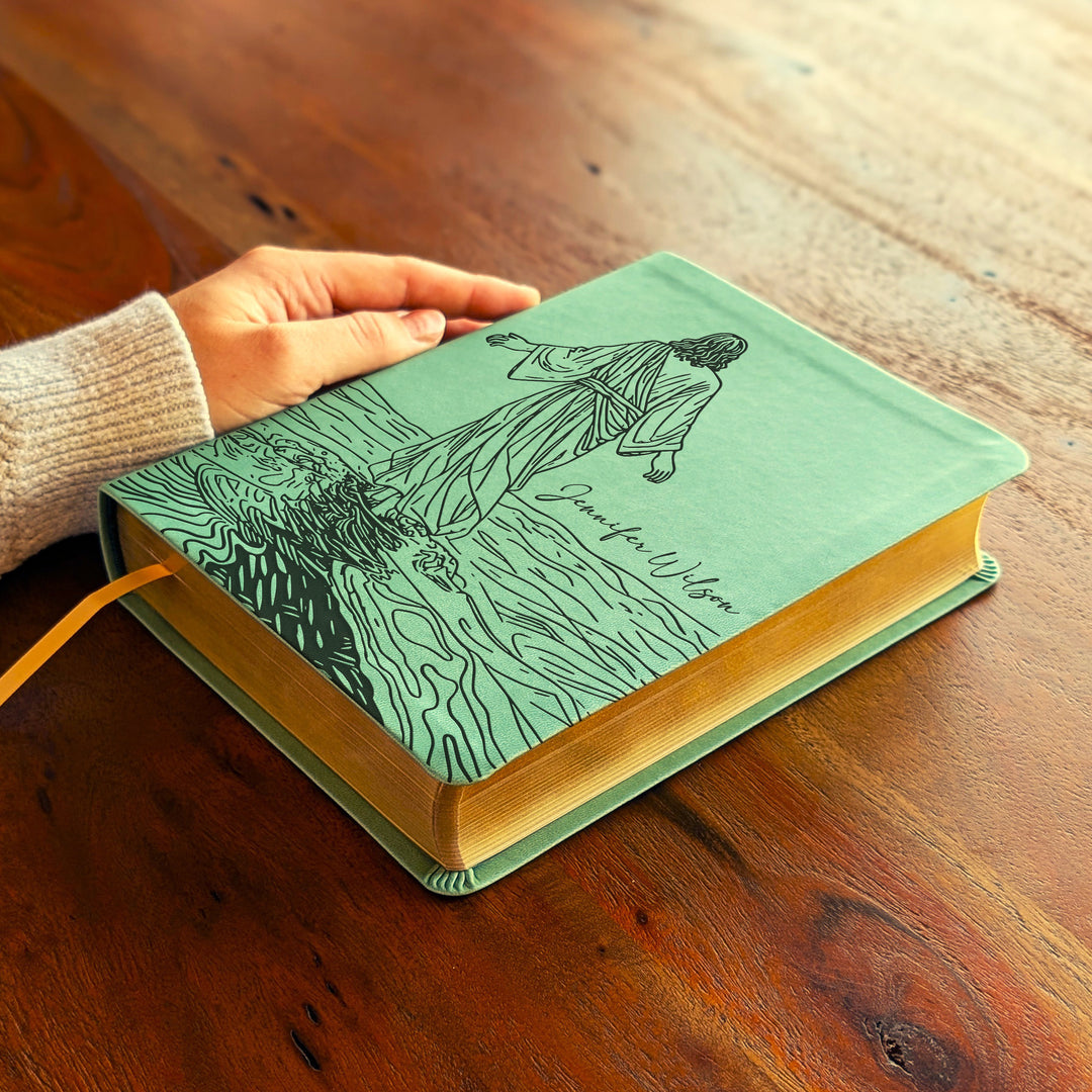 Biblia devocional NLT personalizada – Verde salvia | Jesús sobre las aguas