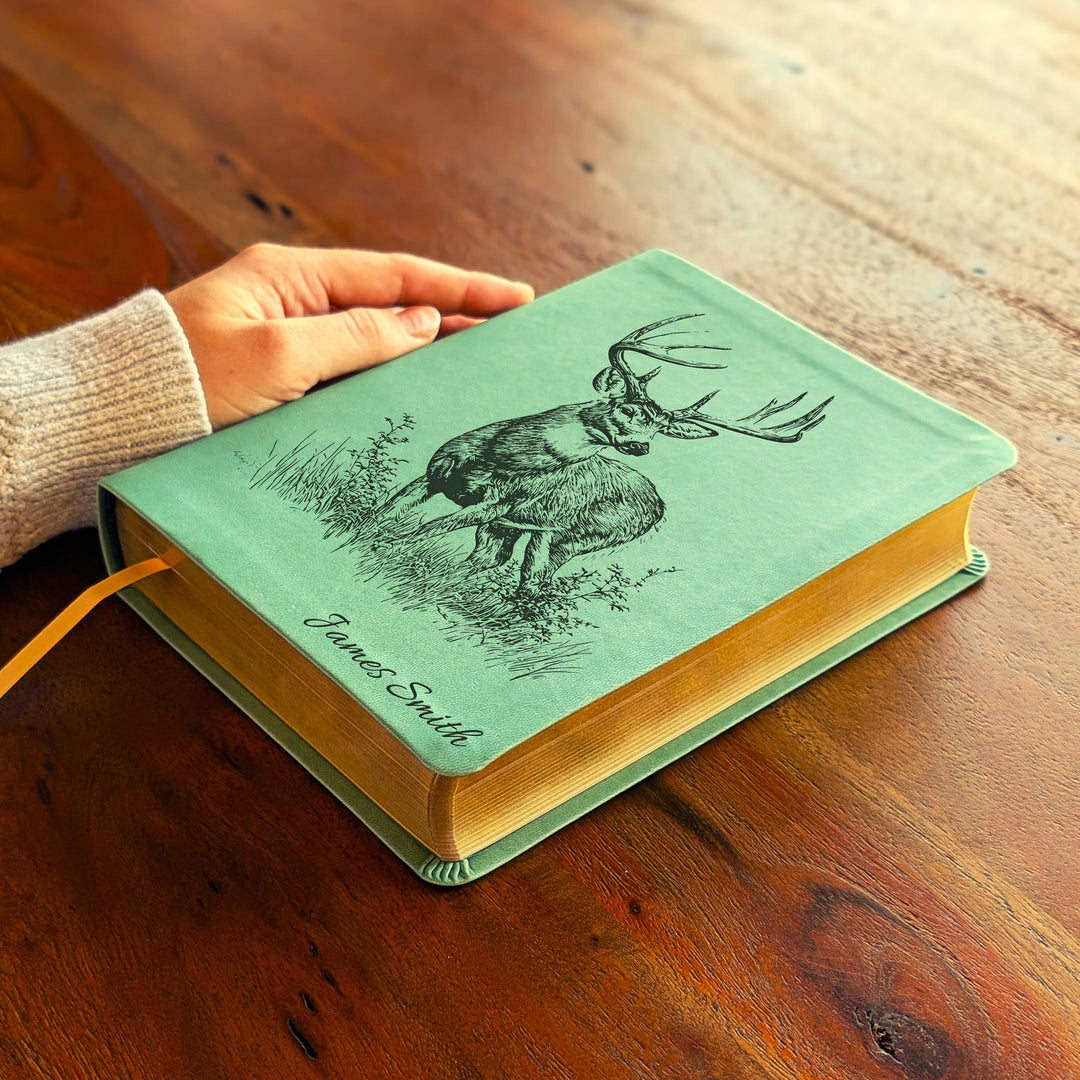 Personalized NLT Journaling Bible – Sage Green | Stag in Grass