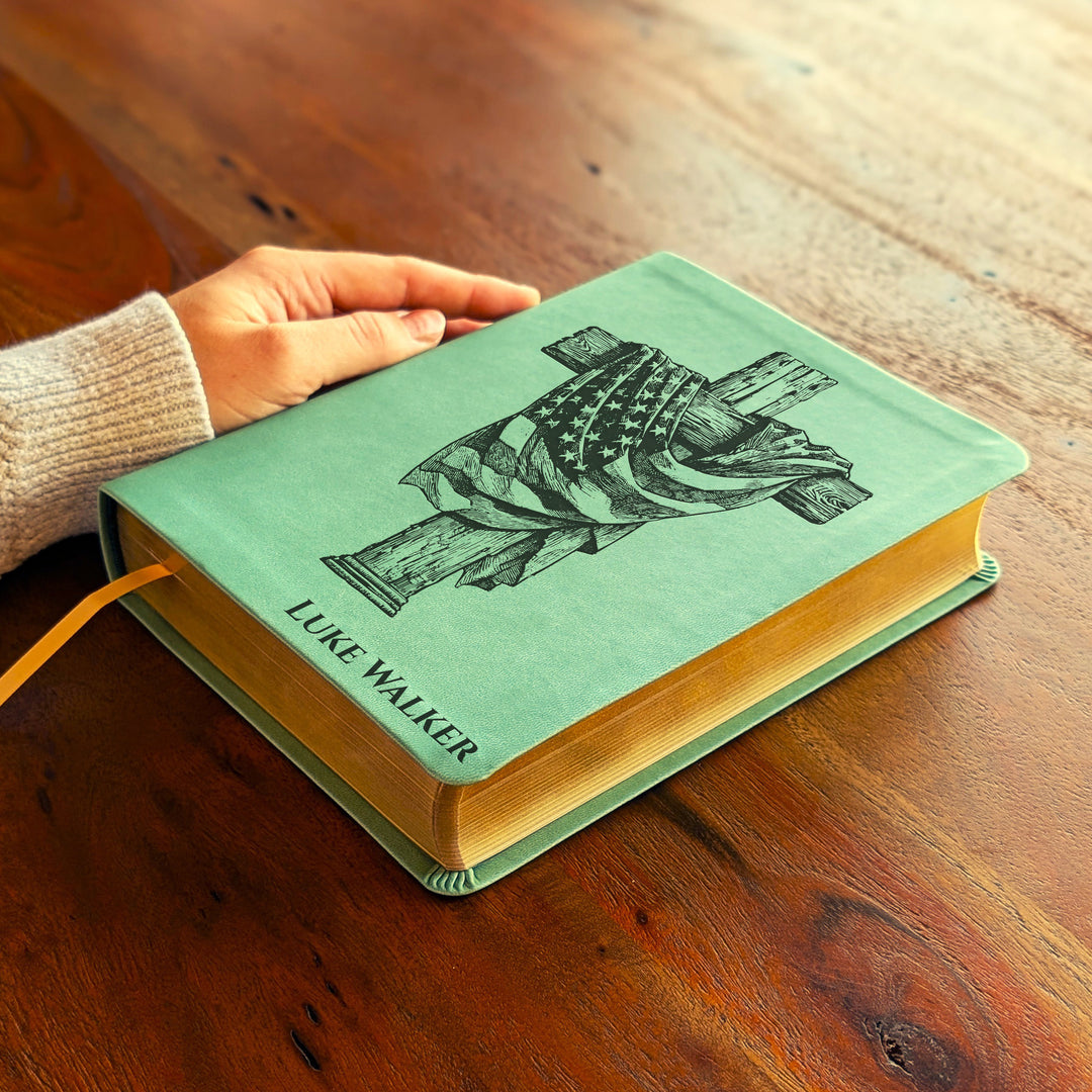 Personalized NLT Journaling Bible – Sage Green | American Flag Wood Cross