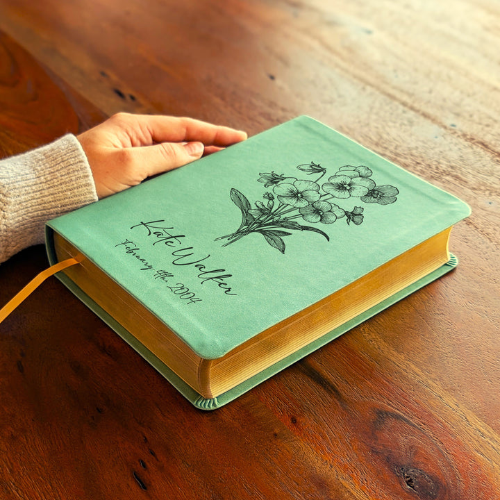 Personalized NLT Journaling Bible – Sage Green | February  Birth Flower