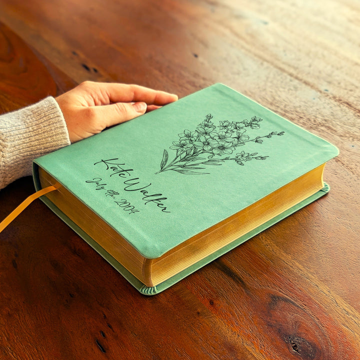 Personalized NLT Journaling Bible – Sage Green | July Birth Flower