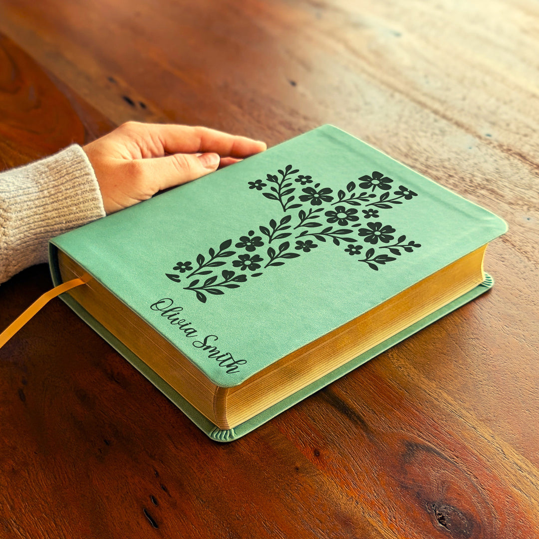 Personalized NLT Journaling Bible – Sage Green | Simple Flower Cross