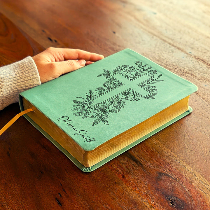 Personalized NLT Journaling Bible – Sage Green | Floral Cross