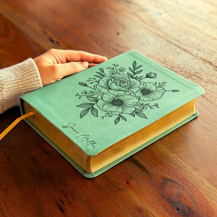 Personalized NLT Journaling Bible – Sage Green | Rose Poppy Flower Bunch