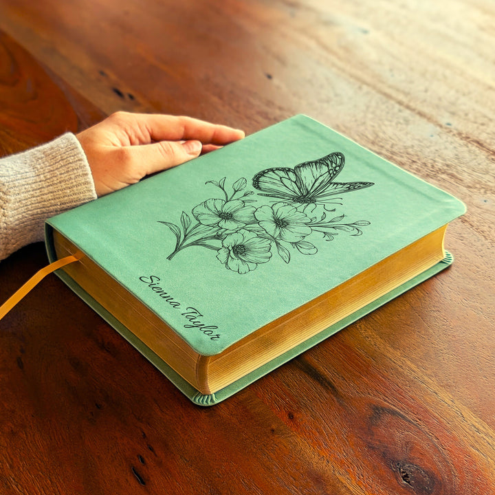 Personalized NLT Journaling Bible – Sage Green | Butterfly Flowers