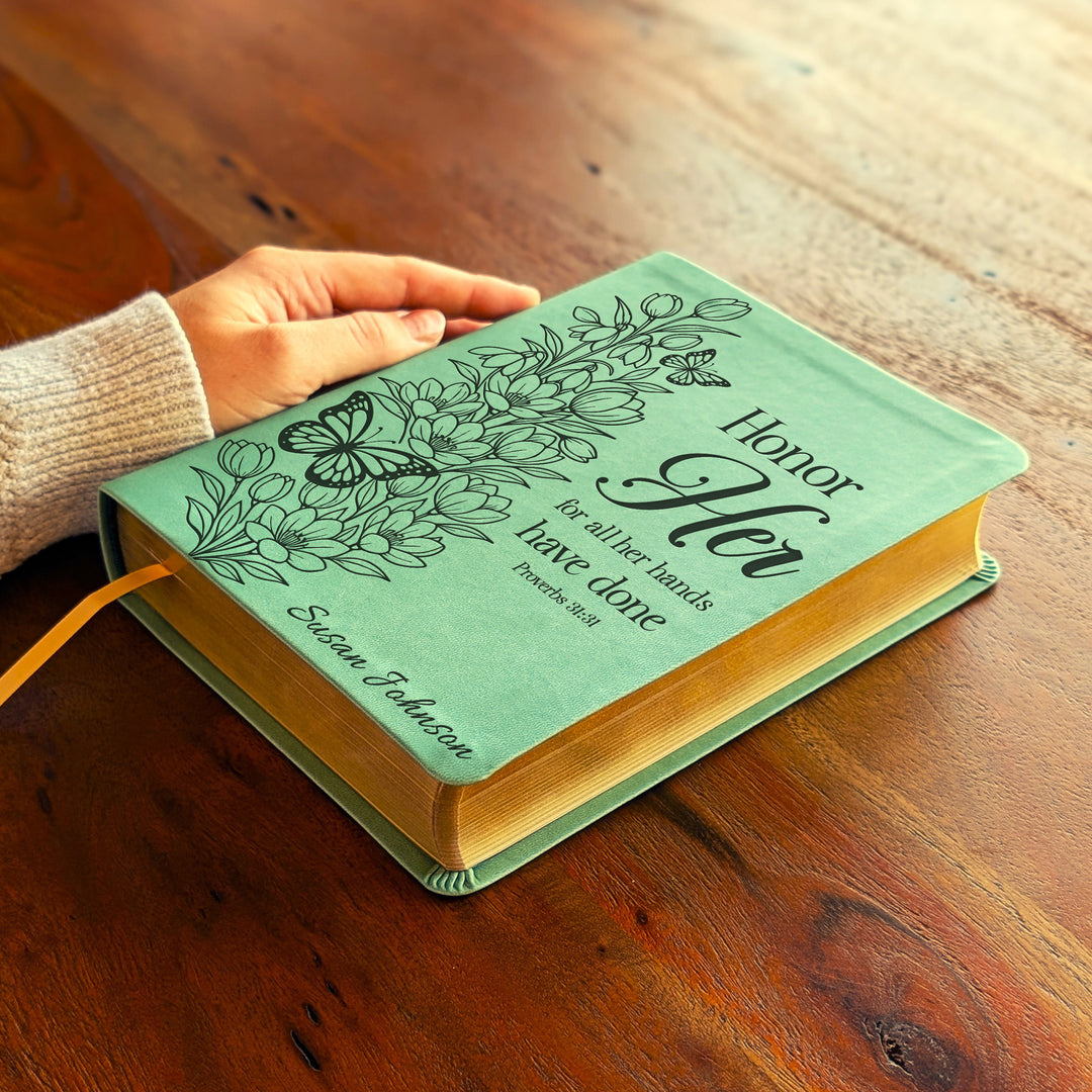 Personalized NLT Journaling Bible – Sage Green | Tulips Butterfly Honor Her