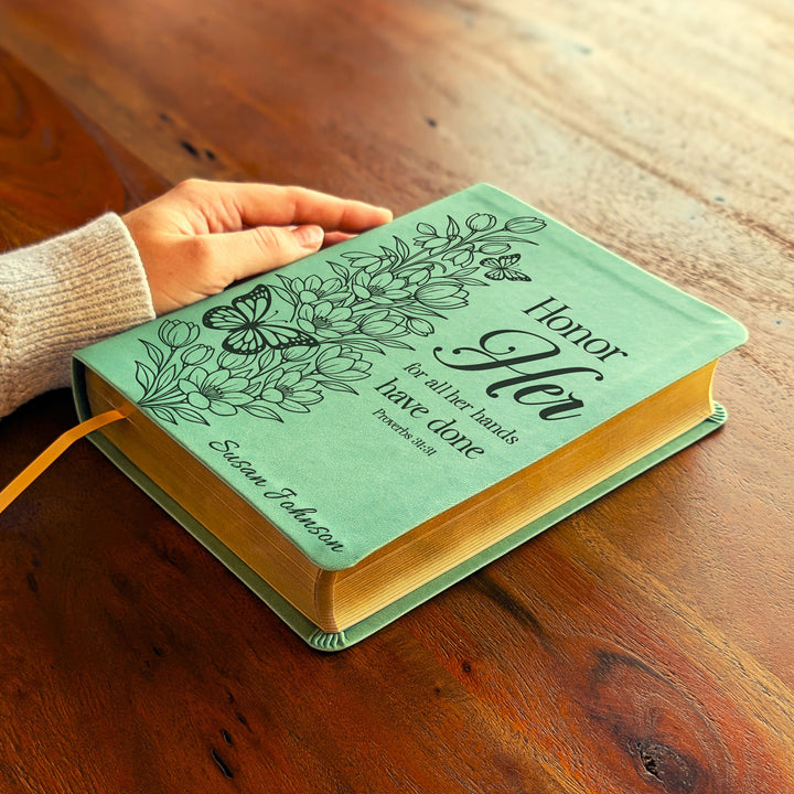 Personalized NLT Journaling Bible – Sage Green | Tulips Butterfly Honor Her
