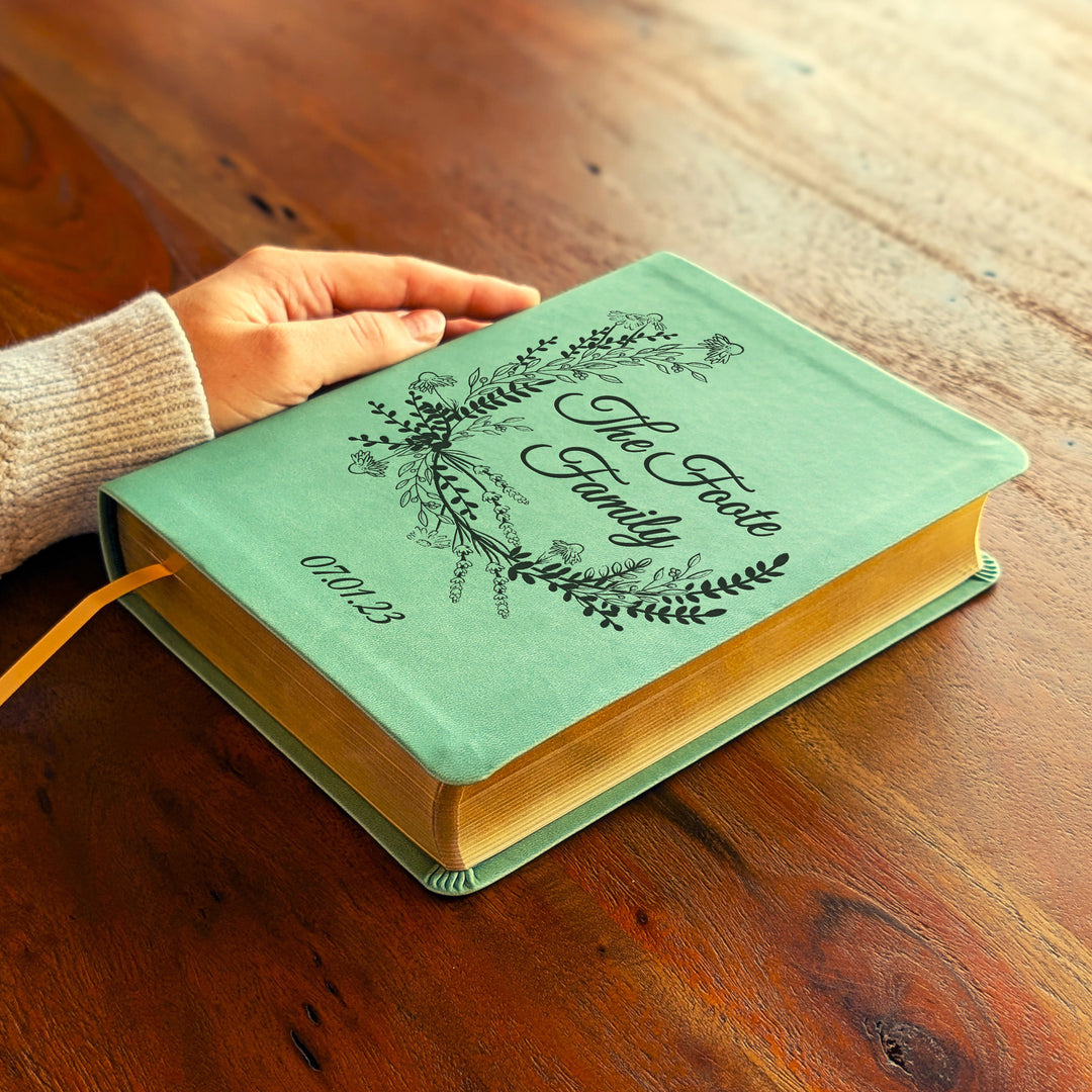 Personalized NLT Journaling Bible – Sage Green | Wreath Family Name