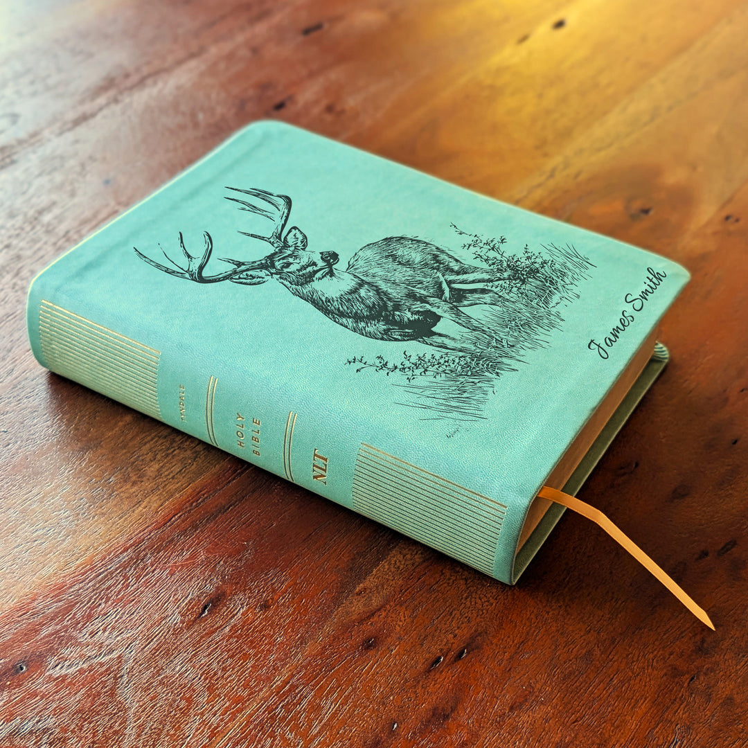 Personalized NLT Journaling Bible – Sage Green | Stag in Grass