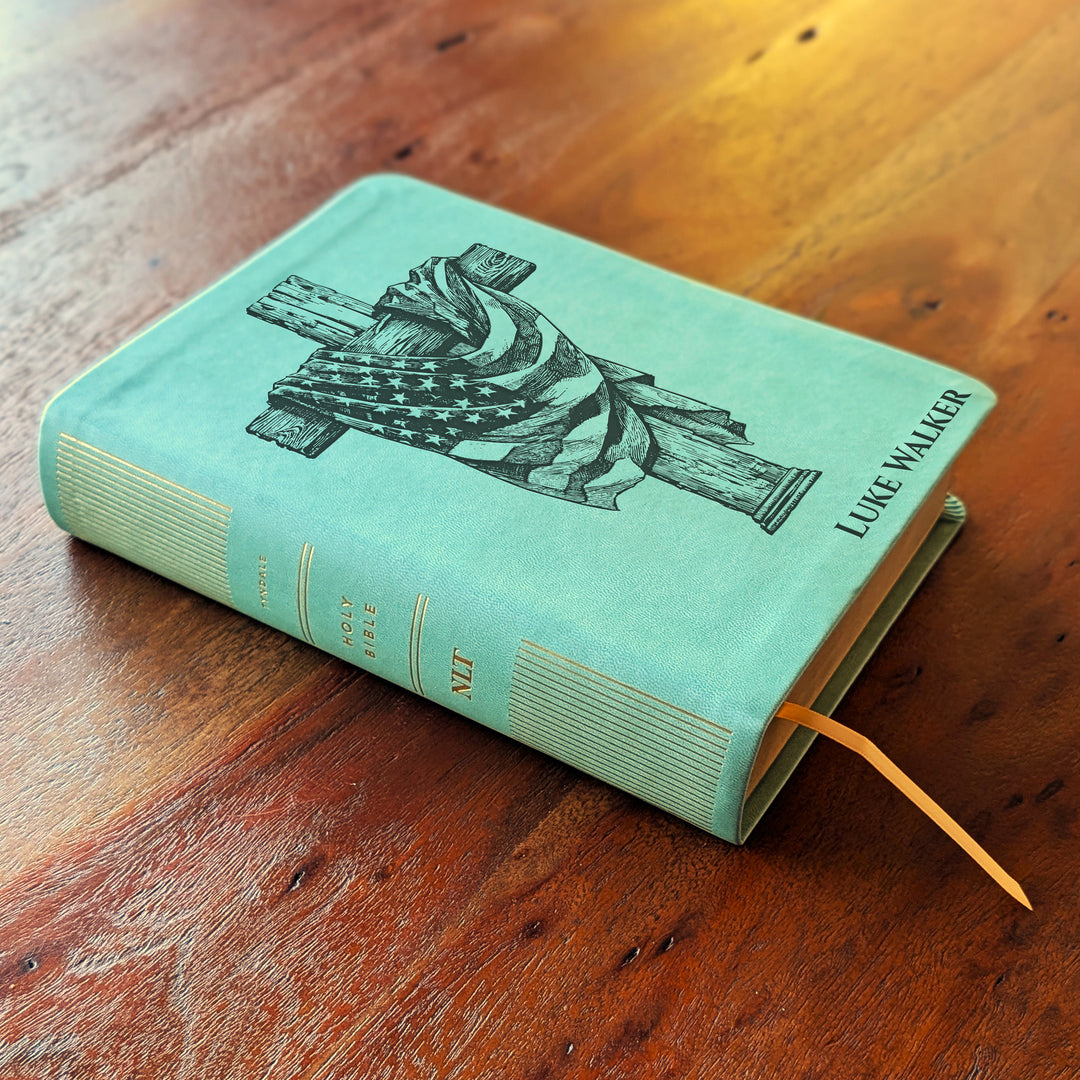 Personalized NLT Journaling Bible – Sage Green | American Flag Wood Cross