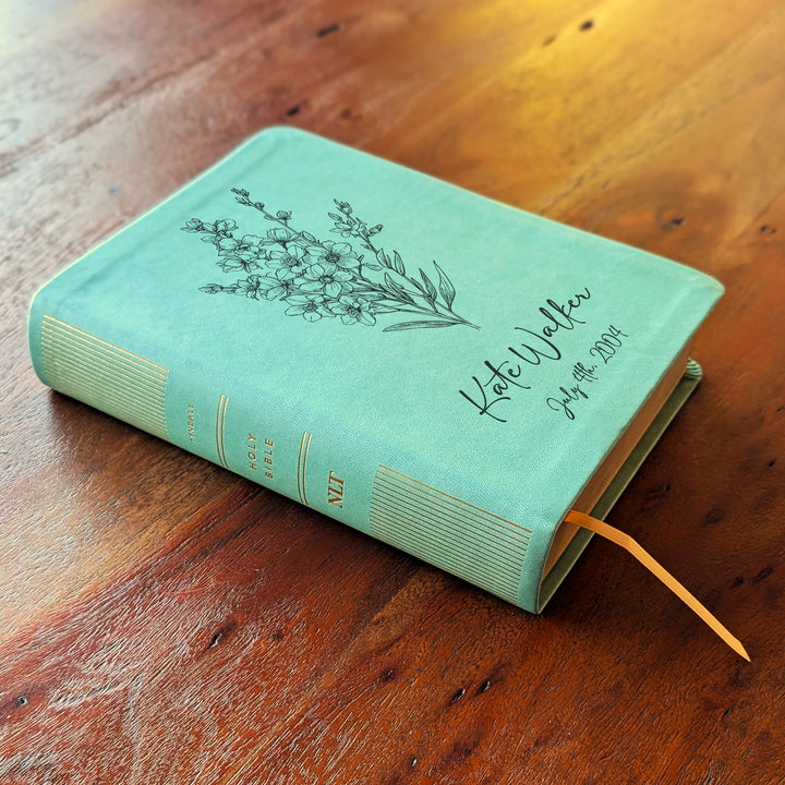 Personalized NLT Journaling Bible – Sage Green | July Birth Flower