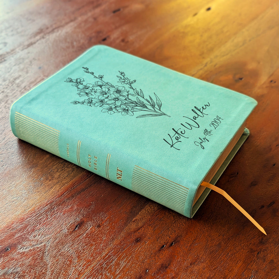 Personalized NLT Journaling Bible – Sage Green | July Birth Flower.