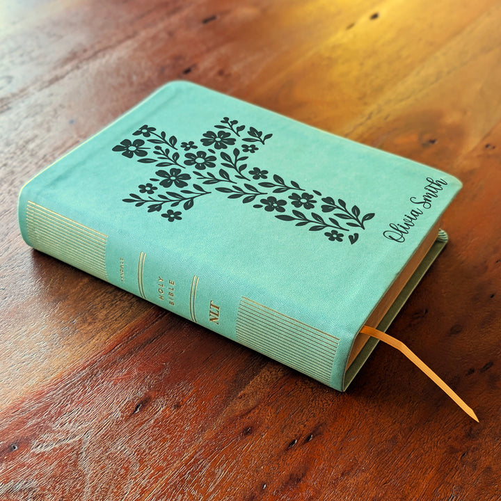 Personalized NLT Journaling Bible – Sage Green | Simple Flower Cross