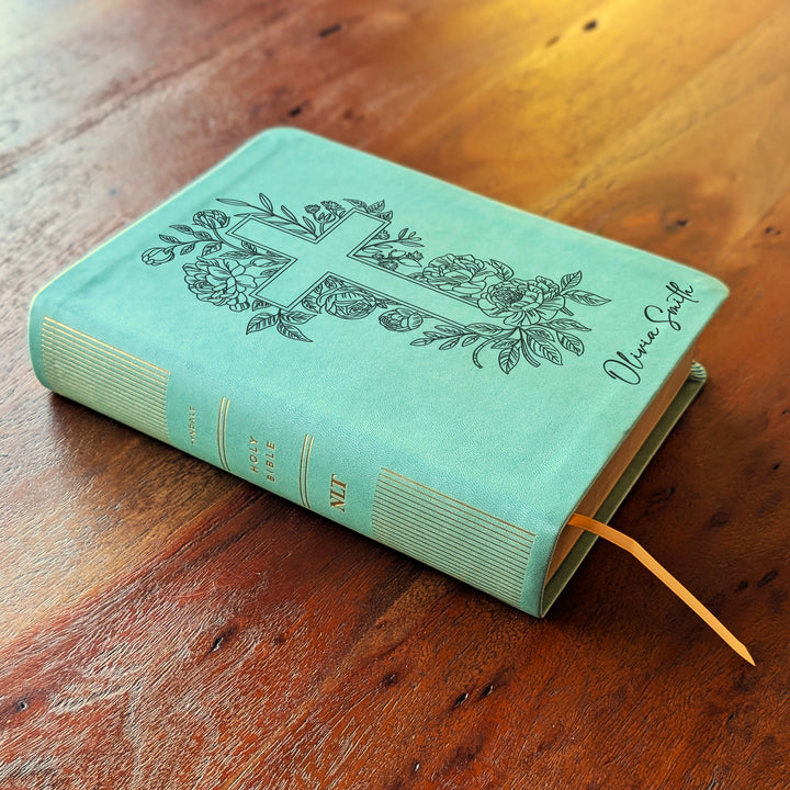Personalized NLT Journaling Bible – Sage Green | Floral Cross
