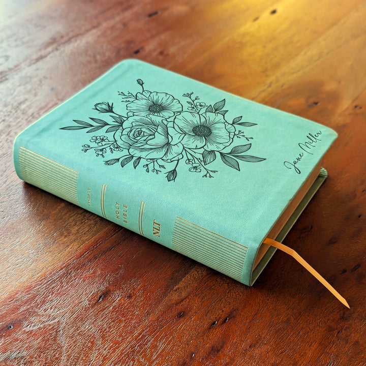 Personalized NLT Journaling Bible – Sage Green | Rose Poppy Flower Bunch