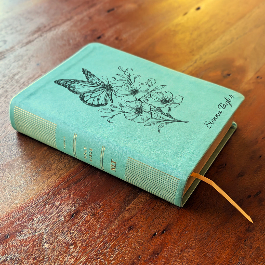 Personalized NLT Journaling Bible – Sage Green | Butterfly Flowers