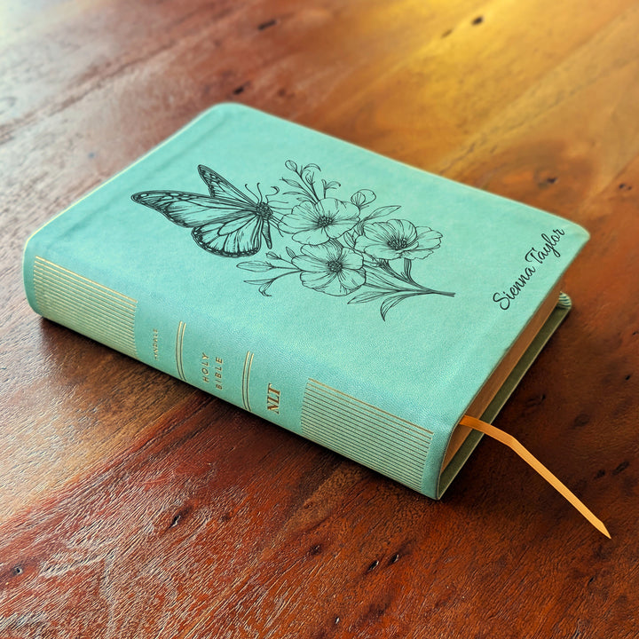Personalized NLT Journaling Bible – Sage Green | Butterfly Flowers