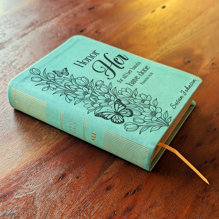Personalized NLT Journaling Bible – Sage Green | Tulips Butterfly Honor Her