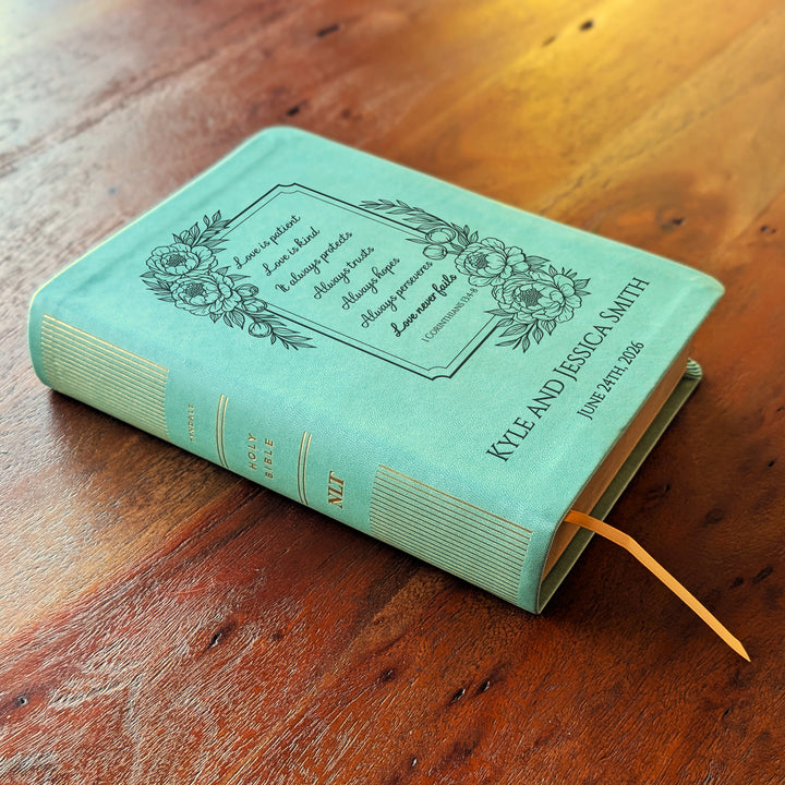 Personalized NLT Journaling Bible – Sage Green | Floral Love is Patient